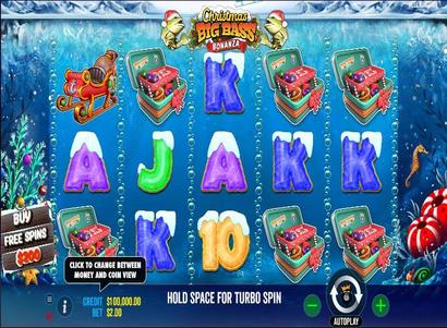 Captura de ecrã do jogo Christmas Big Bass Bonanza no Spinoloco Casino, um exemplo de slot onde códigos promocionais de free spins podem ser utilizados.