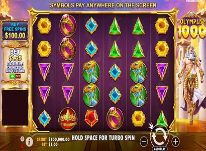 Zrzut ekranu gry Gates of Olympus, popularnego tytułu dostępnego w kasynie Spinoloco, przedstawiający wirujące bębny i bonusowe mnożniki.