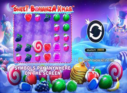 Captura de ecrã do jogo Sweet Bonanza Xmas, um slot popular onde spins de bónus podem ser usados.