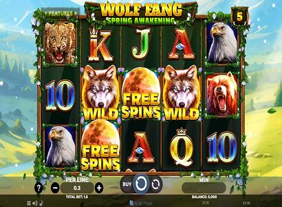 Screenshot van de Wolf Fang Spring Awakening slotmachine, een veelvoorkomende game voor gratis spins bij Avalon78