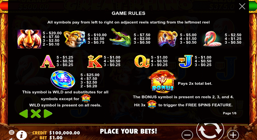 great rhino paytable